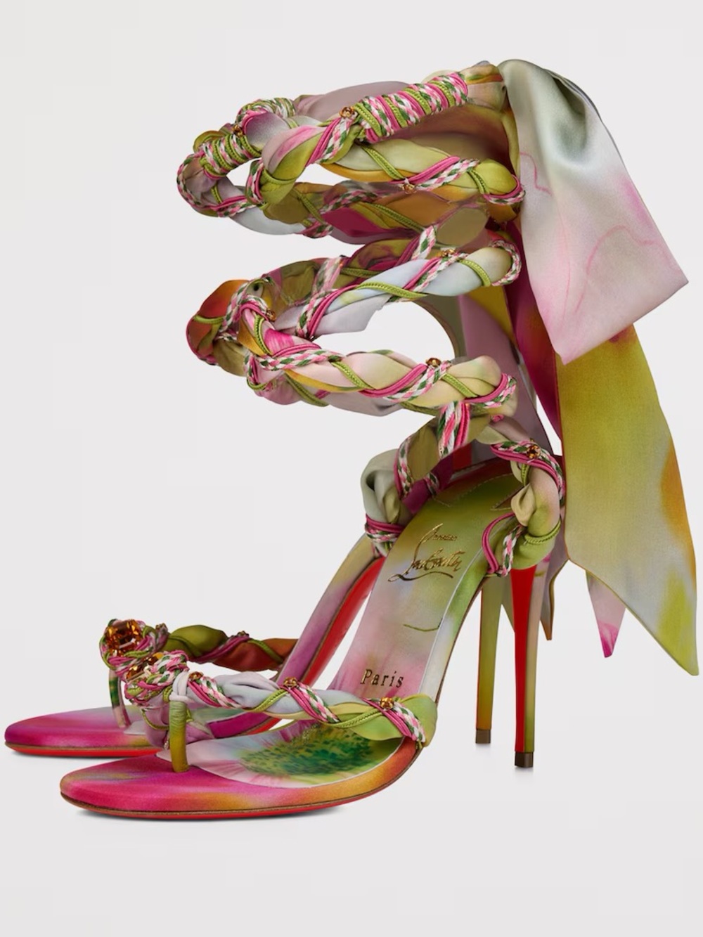 EXCLUSIVE Christian Louboutin Vaporetto Multicolor Satin Braided Wrap Heels